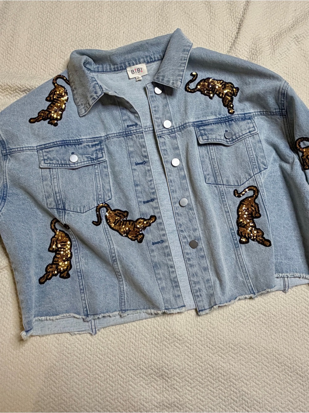 BiBi Light Blue Denim Jacket with Gold Sequin Tigers